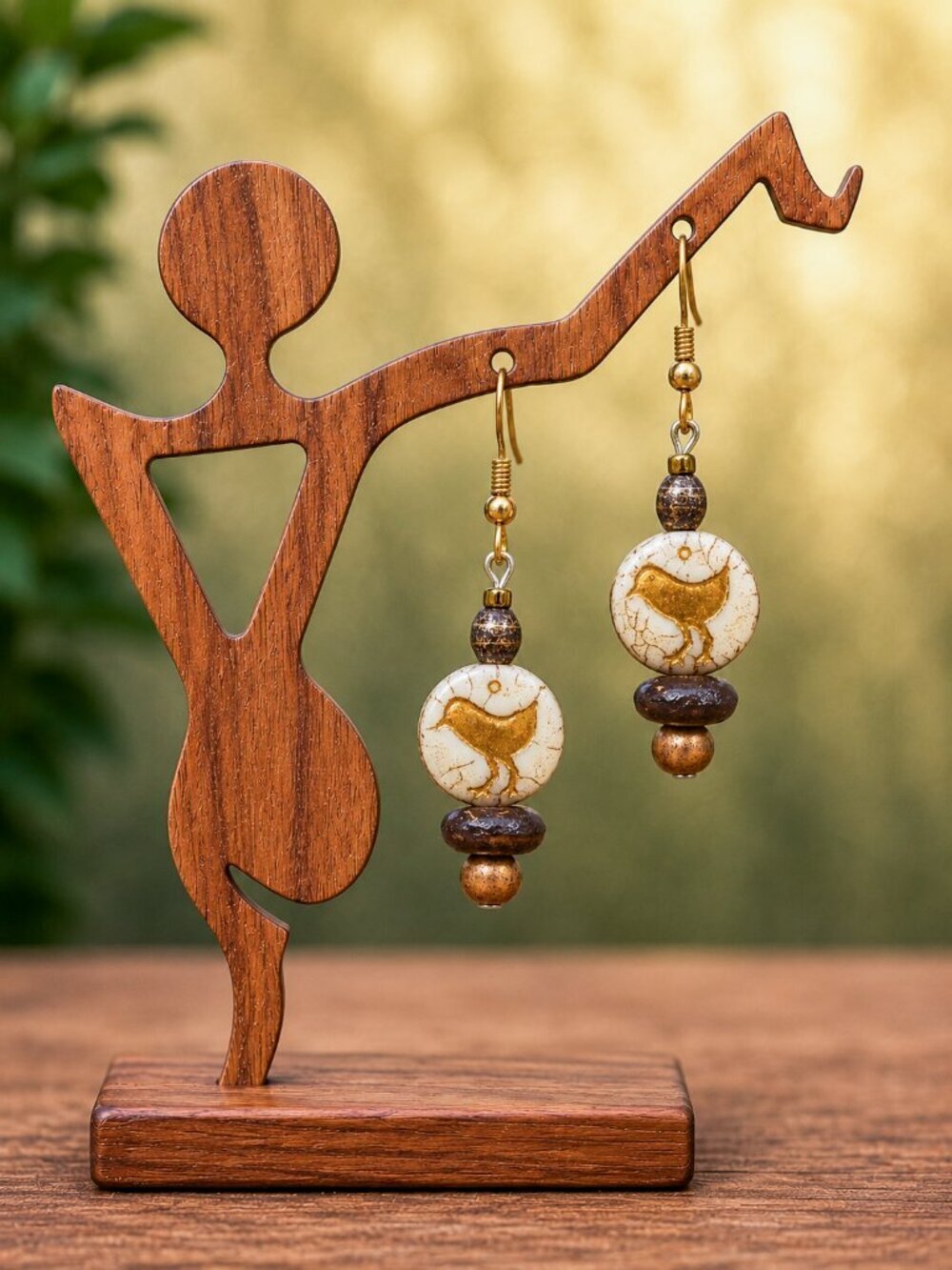 Czech Glass Bird Drop Earrings Cream Gold | Handmade - Picture 3 of 5